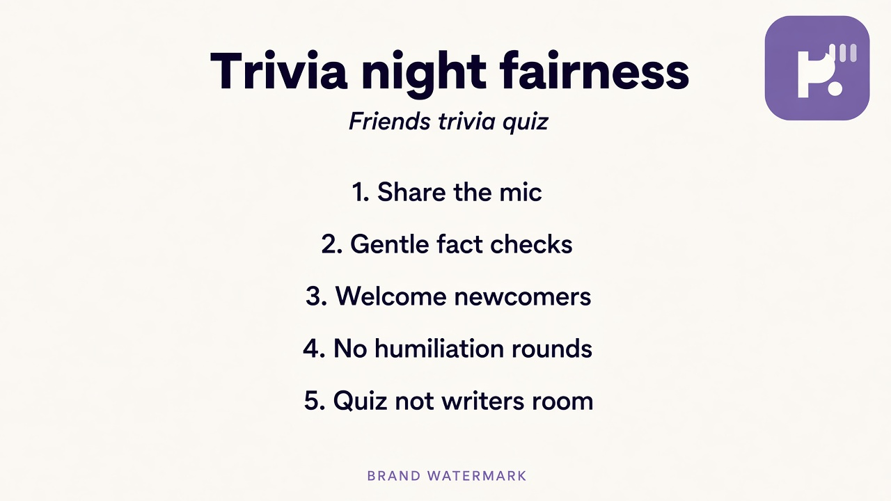 Friends trivia quiz tips: share the mic; gentle fact checks; welcome newcomers; unofficial not writers room; fairness not smugness
