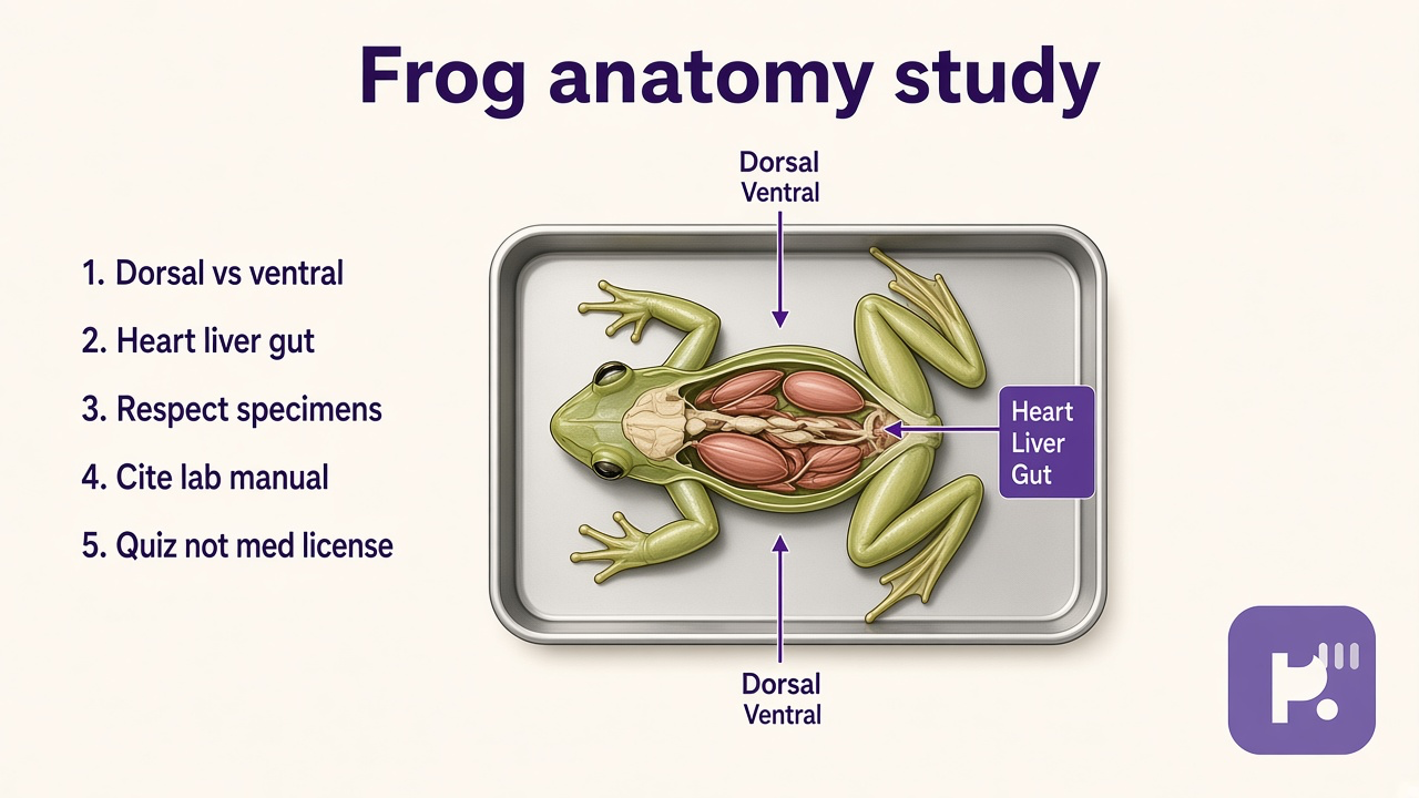 Frog anatomy tips: dorsal ventral pinning; heart liver gut lungs; cloaca syllabus depth; respect specimens; quiz not med license