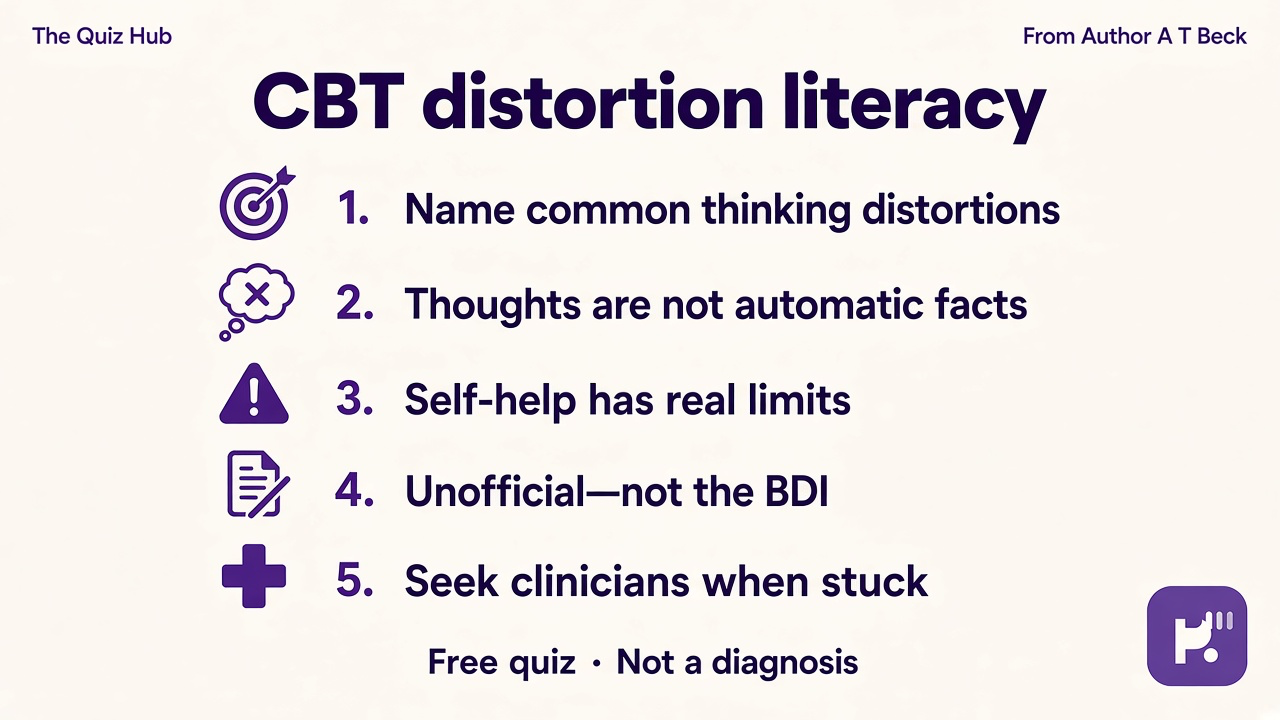 CBT tips: name distortions; thoughts not facts; self-help limits; unofficial quiz; seek clinicians when stuck