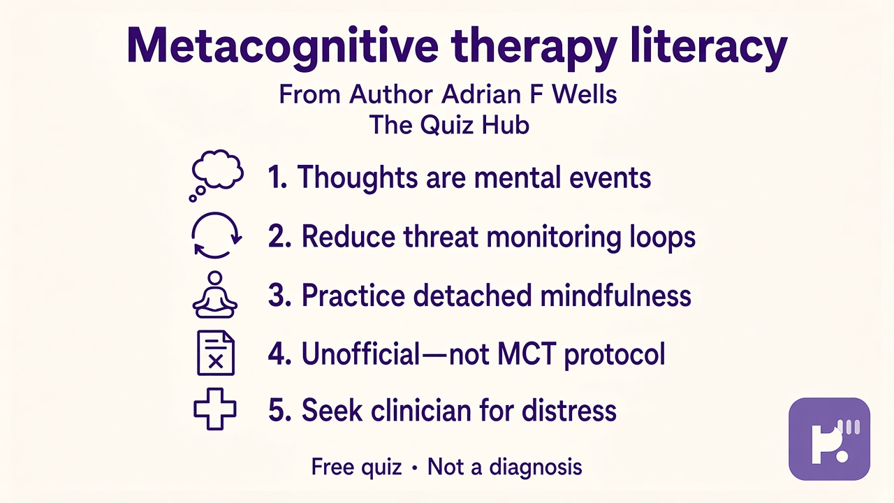 MCT tips: thoughts as events; reduce threat scans; detached mindfulness; unofficial quiz; seek clinician if distressed