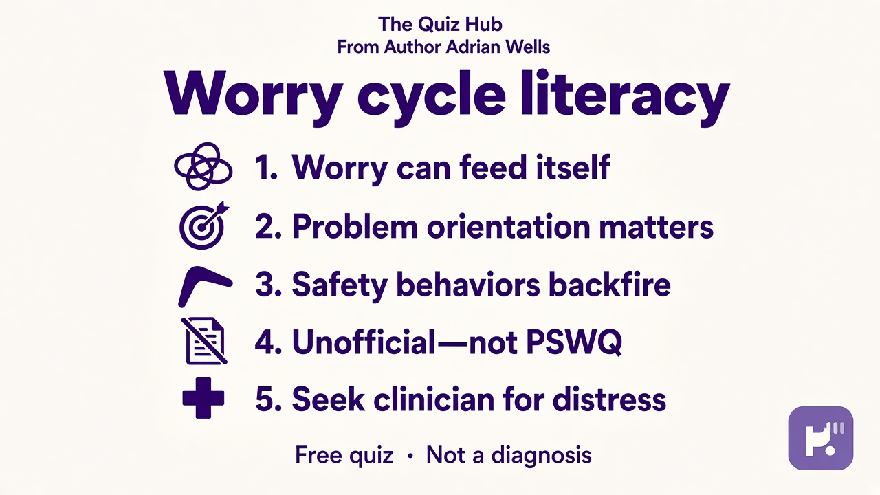 Worry tips: cycles feed themselves; problem orientation; safety habits; unofficial quiz; seek clinician if distressed
