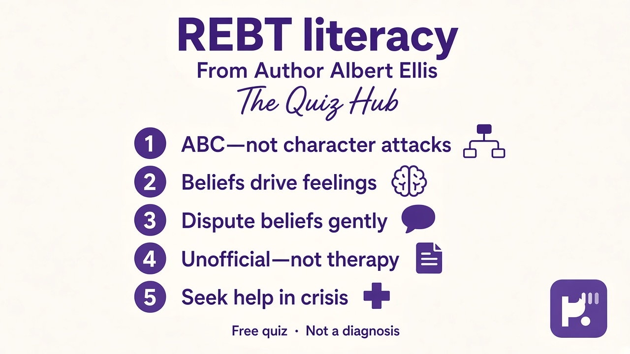 REBT tips: ABC not attacks; beliefs drive feelings; dispute gently; unofficial quiz; seek help in crisis