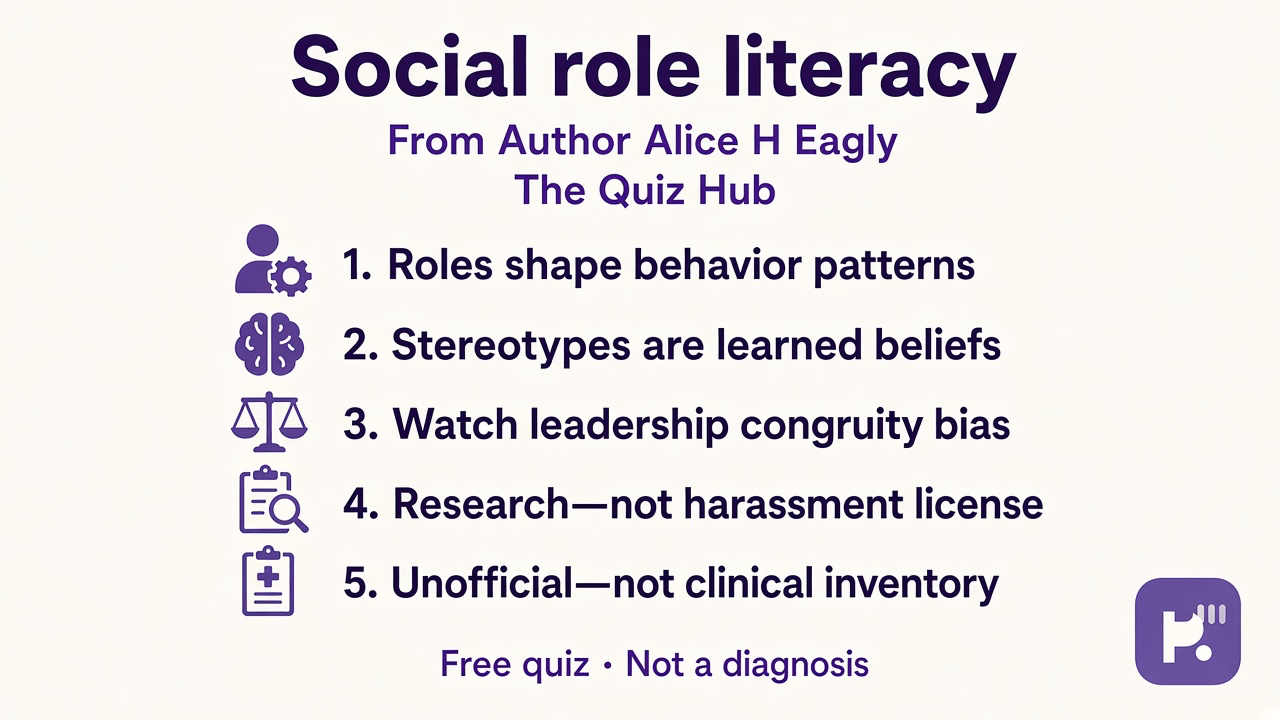Eagly tips: roles shape behavior; stereotypes learned; congruity bias; research not harassment; unofficial quiz