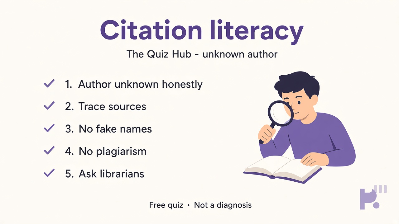 Citation tips: author unknown honestly; trace sources; no fake names; no plagiarism; ask librarians; unofficial quiz
