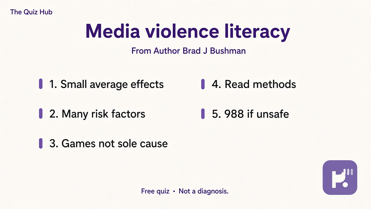 Media violence tips: small average effects; many risk factors; games not sole cause; read methods; 988 if unsafe