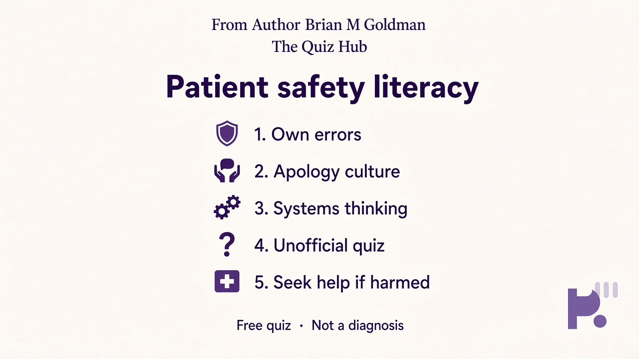 Patient safety tips: own errors; apology culture; systems thinking; unofficial quiz; seek help if harmed