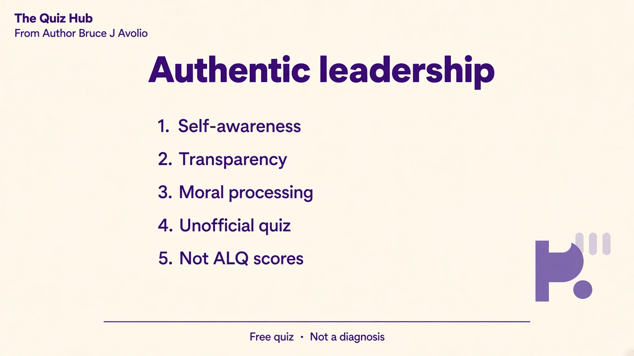 Authentic leadership tips: self-awareness; transparency; moral processing; unofficial quiz; not ALQ scores