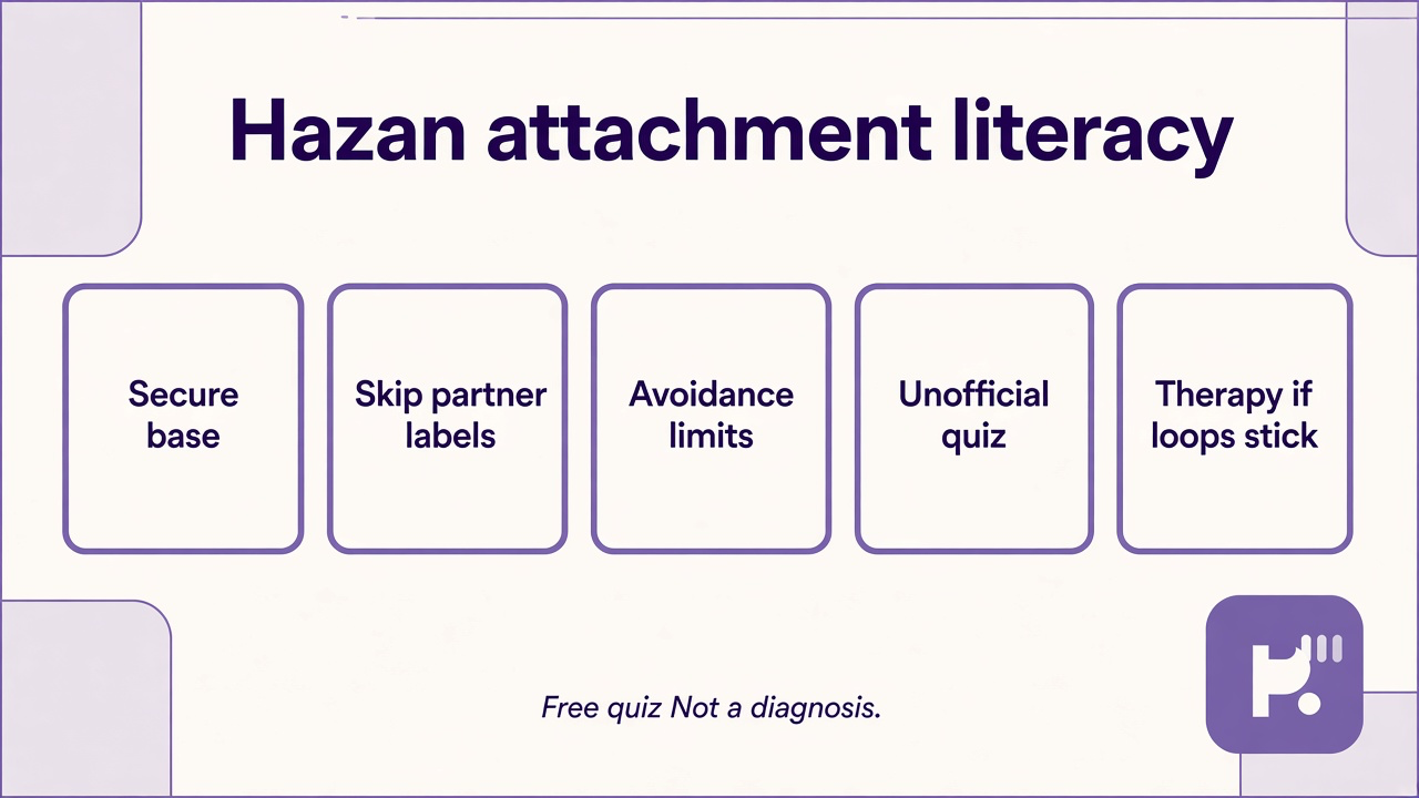 Hazan tips: secure base; skip partner labels; avoidance limits; unofficial quiz; therapy if loops stick
