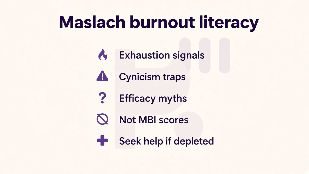 Burnout tips: exhaustion signals; cynicism traps; efficacy myths; not MBI scores; seek help if depleted