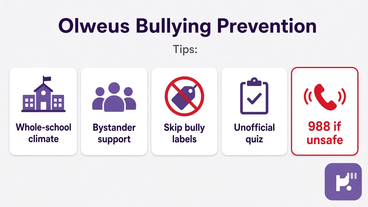 Olweus tips: whole-school climate; bystander support; skip bully labels; unofficial quiz; 988 if unsafe