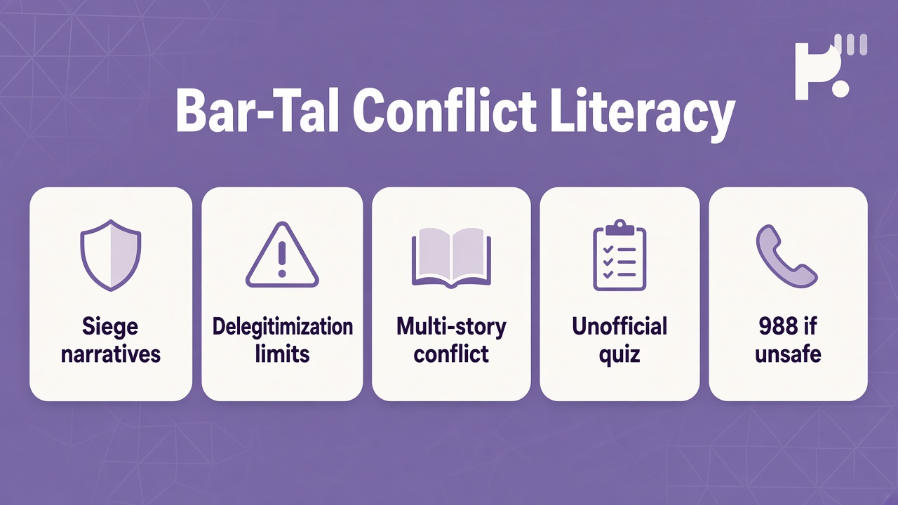 Bar-Tal tips: siege narratives; delegitimization limits; multi-story conflict; unofficial quiz; 988 if unsafe