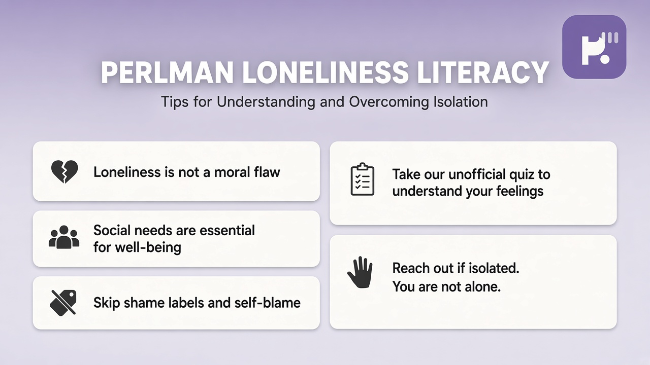 Perlman tips: loneliness not moral flaw; social needs; skip shame labels; unofficial quiz; reach out if isolated