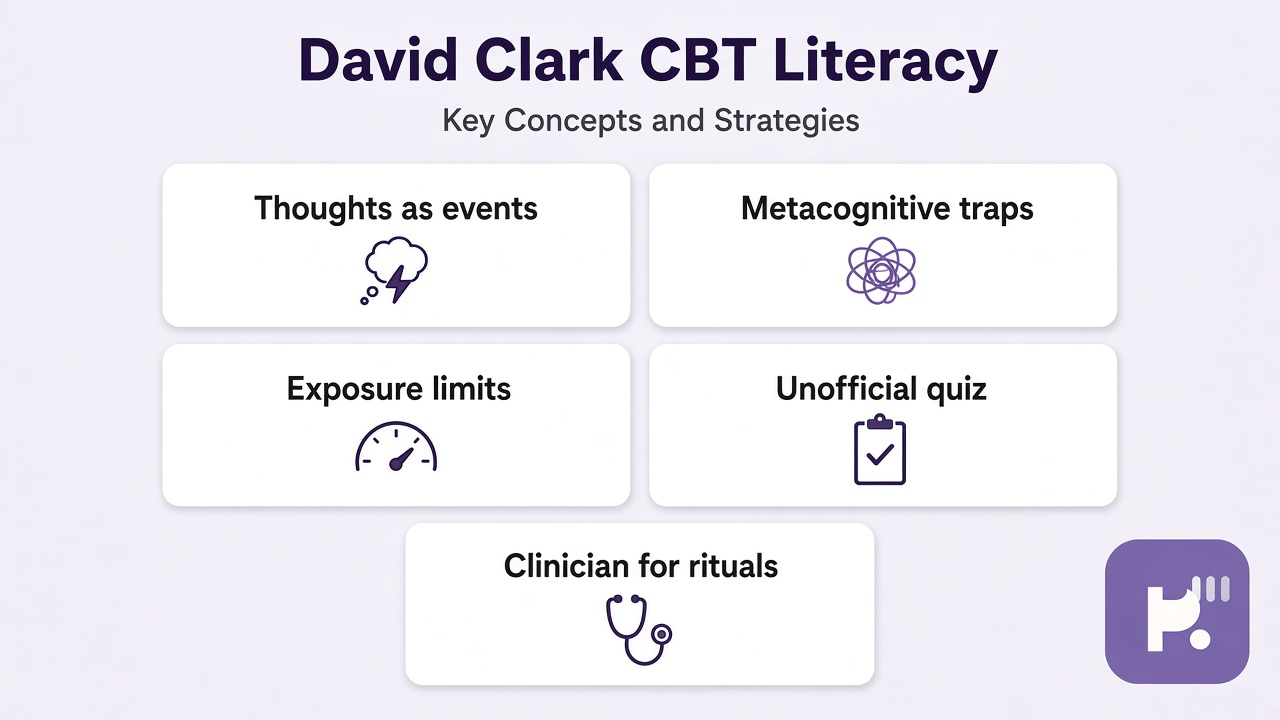 Clark tips: thoughts as events; metacognitive traps; exposure limits; unofficial quiz; clinician for rituals