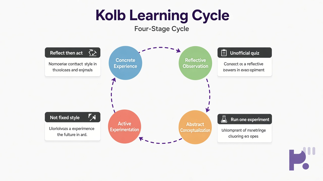 Kolb tips: four-stage cycle; reflect then act; not fixed style; unofficial quiz; run one experiment