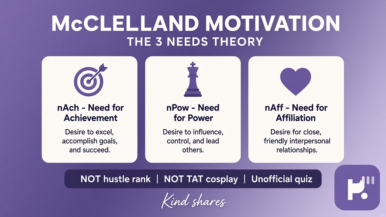 McClelland tips: nAch nPow nAff themes; not hustle rank; literacy not TAT cosplay; unofficial quiz; kind shares