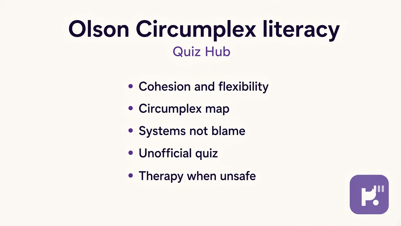 Olson tips: cohesion and flexibility; circumplex map; systems not blame; unofficial quiz; therapy when unsafe