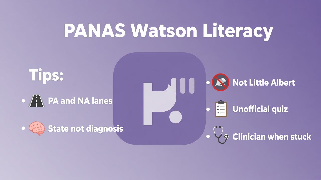 PANAS tips: PA and NA lanes; state not diagnosis; not Little Albert; unofficial quiz; clinician when stuck