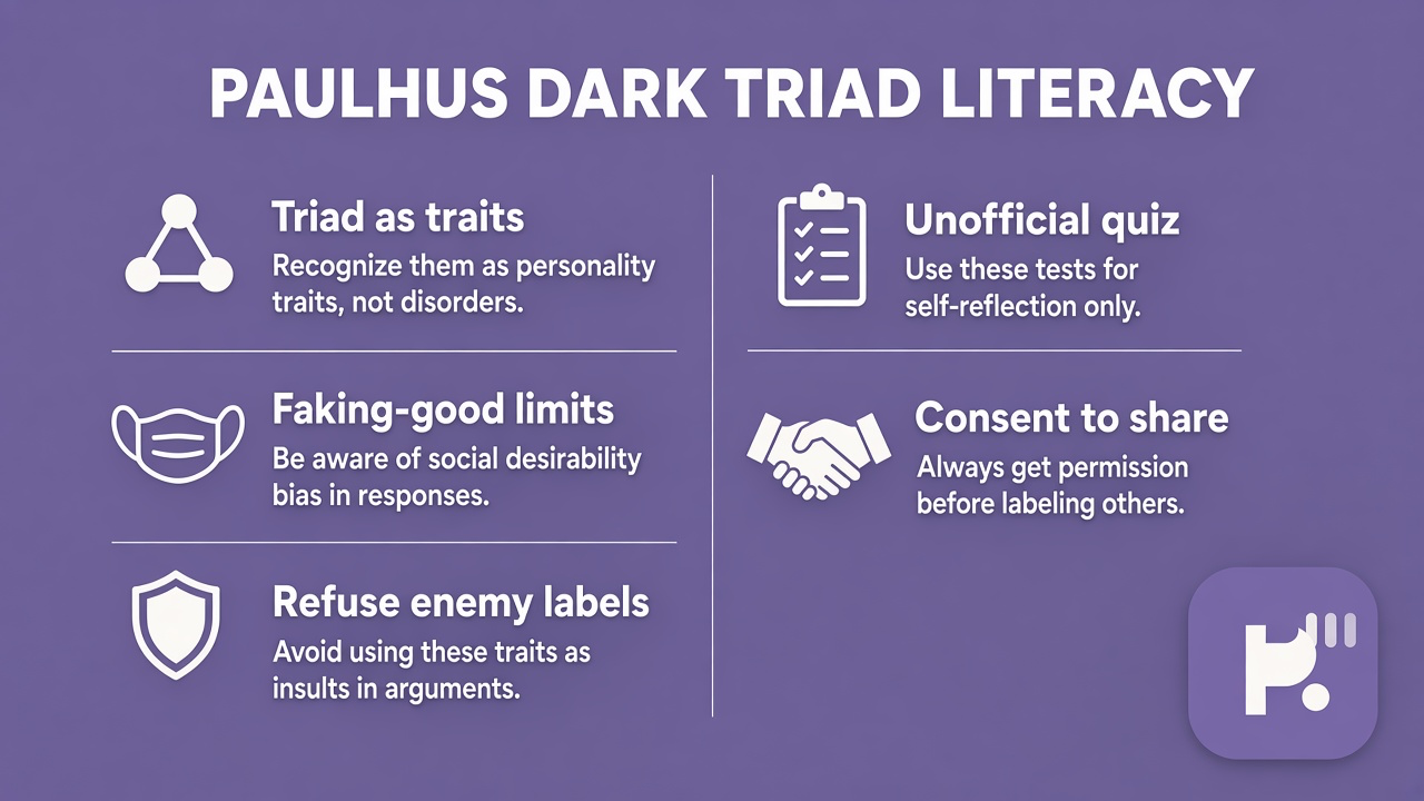 Paulhus tips: triad as traits; faking-good limits; refuse enemy labels; unofficial quiz; consent to share