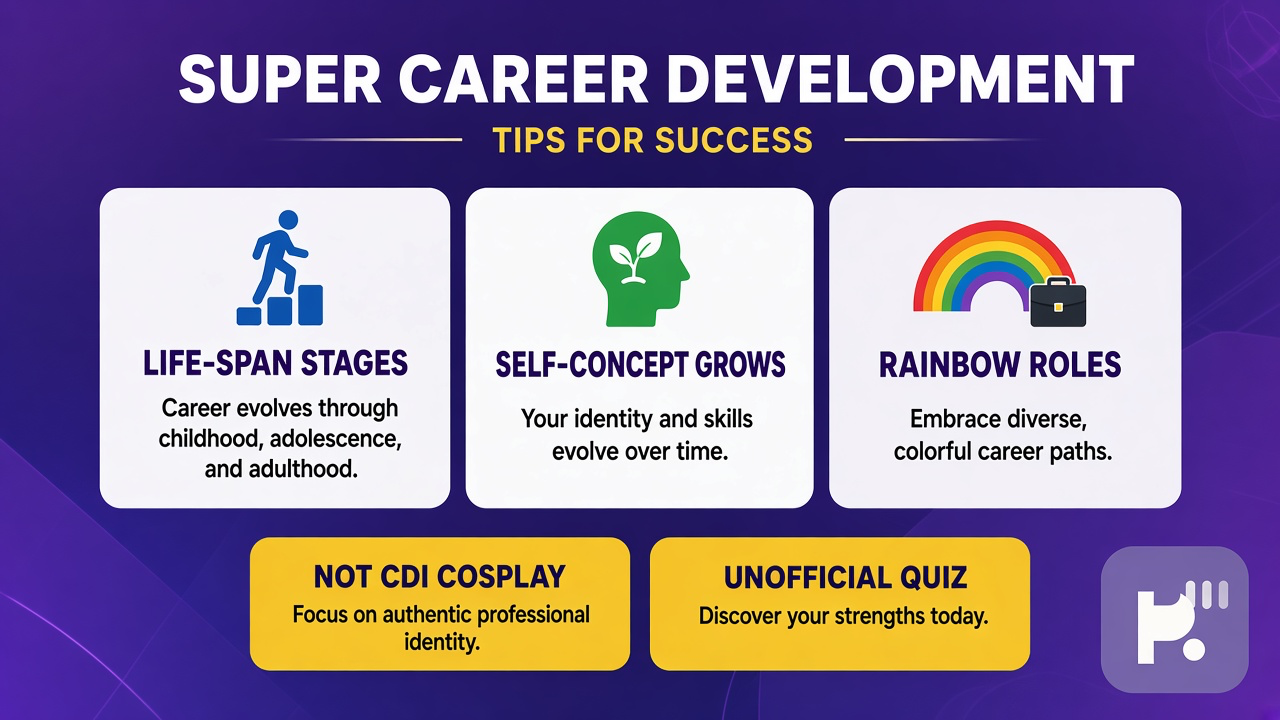 Super tips: life-span stages; self-concept grows; rainbow roles; not CDI cosplay; unofficial quiz; consented shares