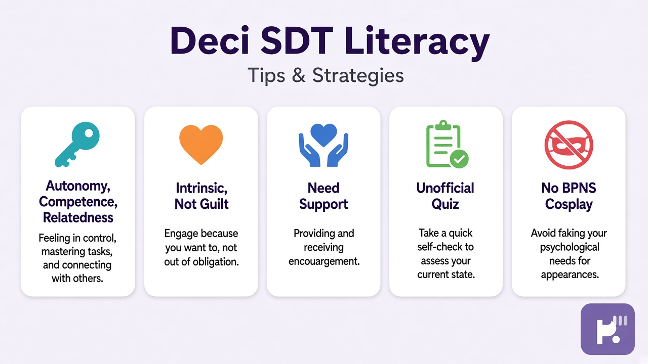 Deci tips: autonomy competence relatedness; intrinsic not guilt; need support; unofficial quiz; no BPNS cosplay