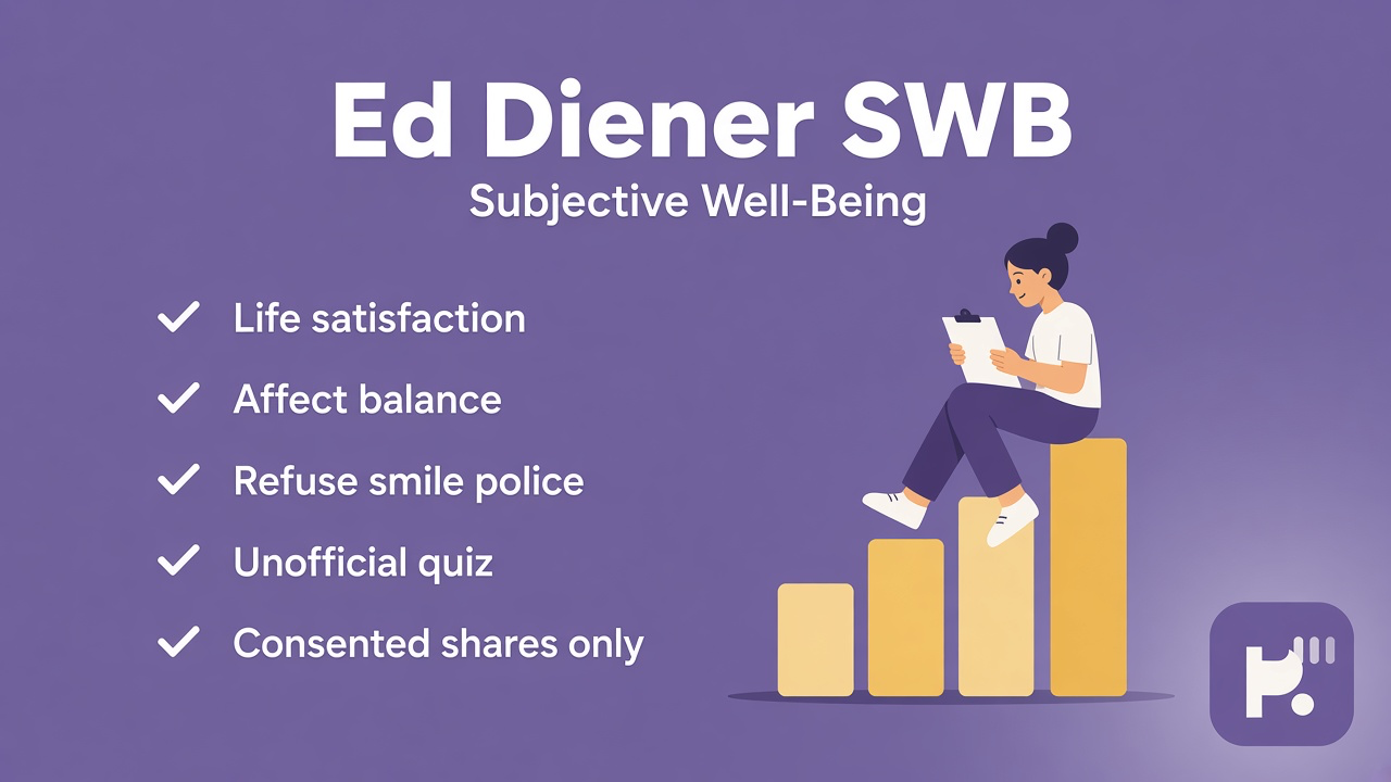 Diener tips: life satisfaction; affect balance; refuse smile police; unofficial quiz; consented shares only