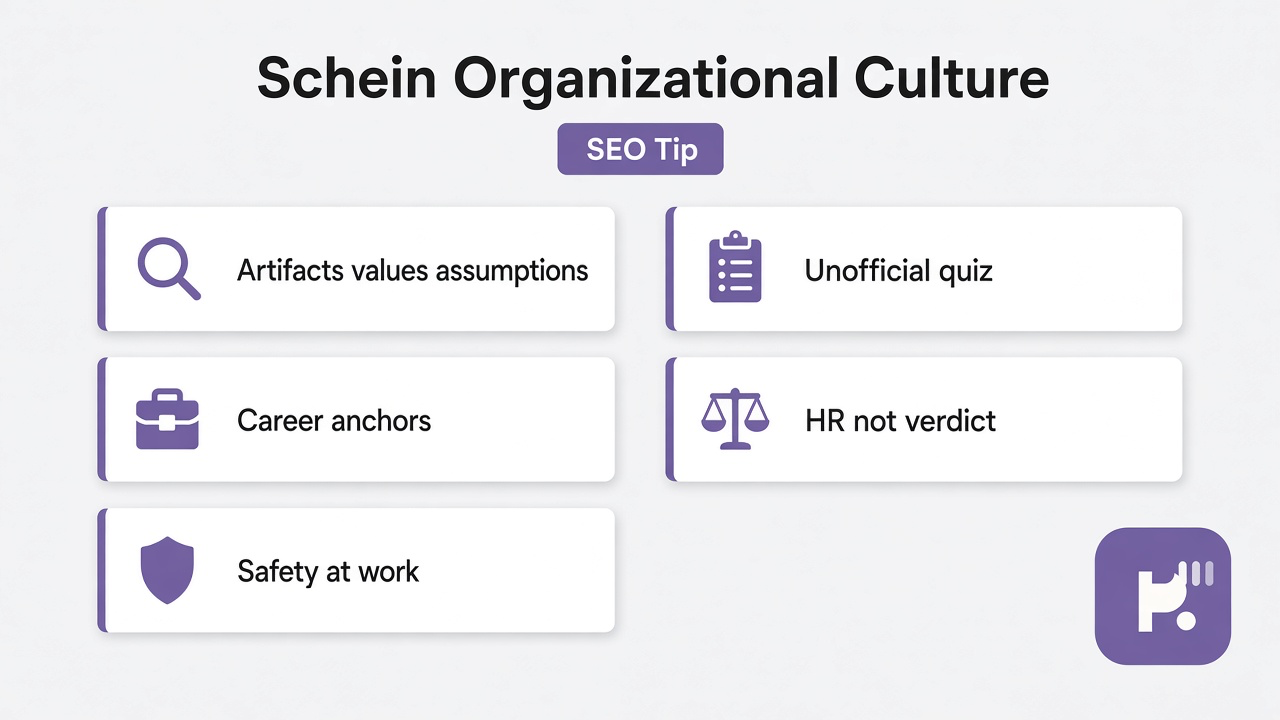 Schein tips: artifacts values assumptions; career anchors; safety at work; unofficial quiz; HR not verdict