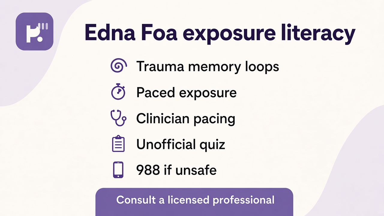 Foa tips: trauma memory loops; paced exposure; clinician pacing; unofficial quiz; 988 if unsafe