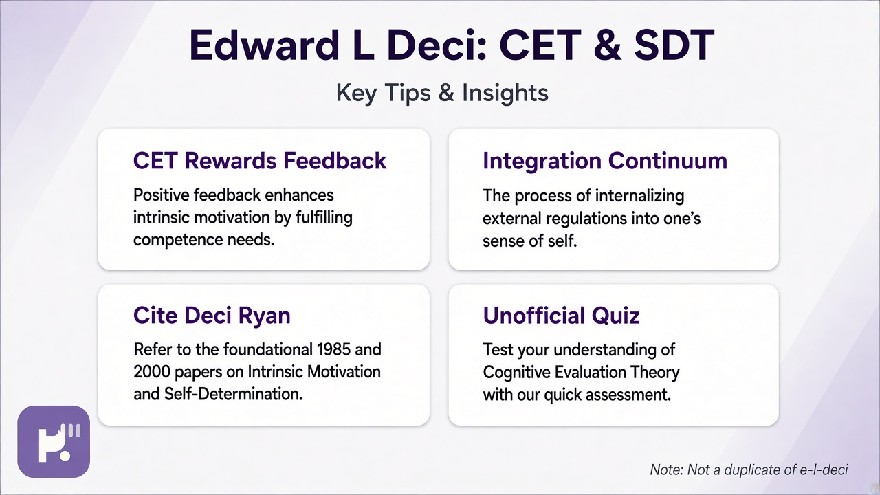 Deci tips: CET rewards feedback; integration continuum; cite Deci Ryan; unofficial quiz; not e-l-deci duplicate