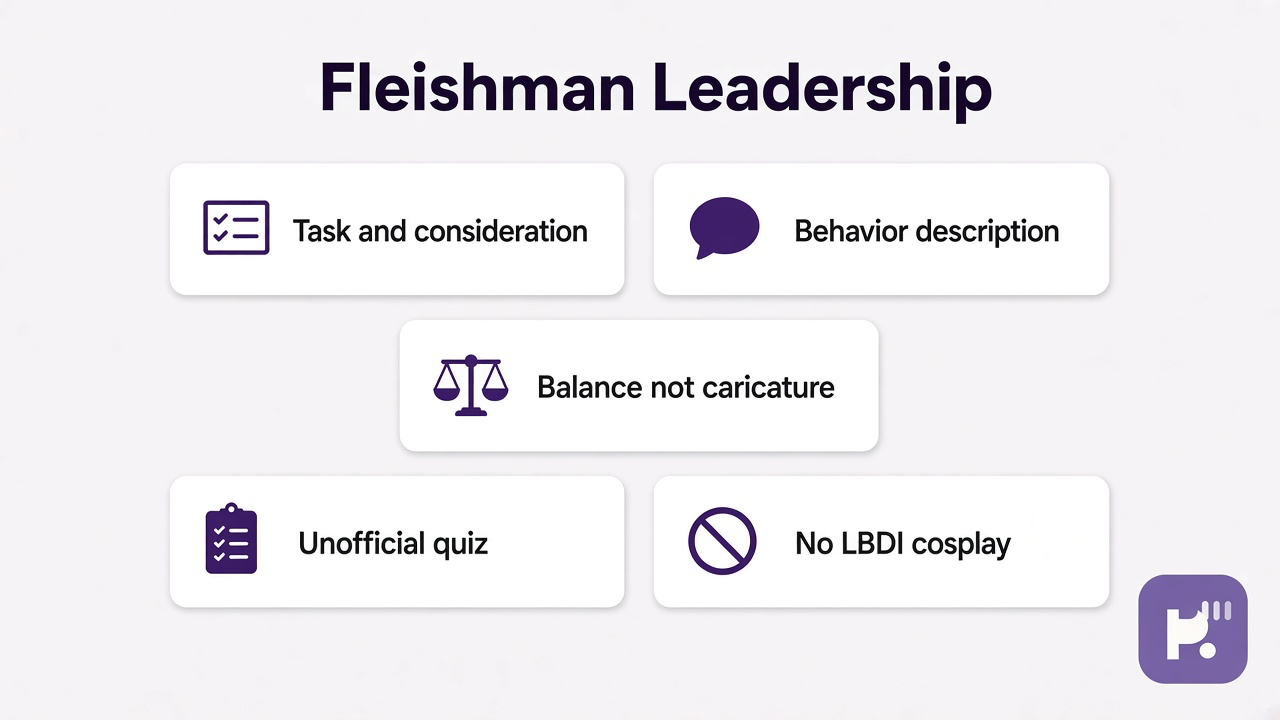 Fleishman tips: task and consideration; behavior description; balance not caricature; unofficial quiz; no LBDI cosplay