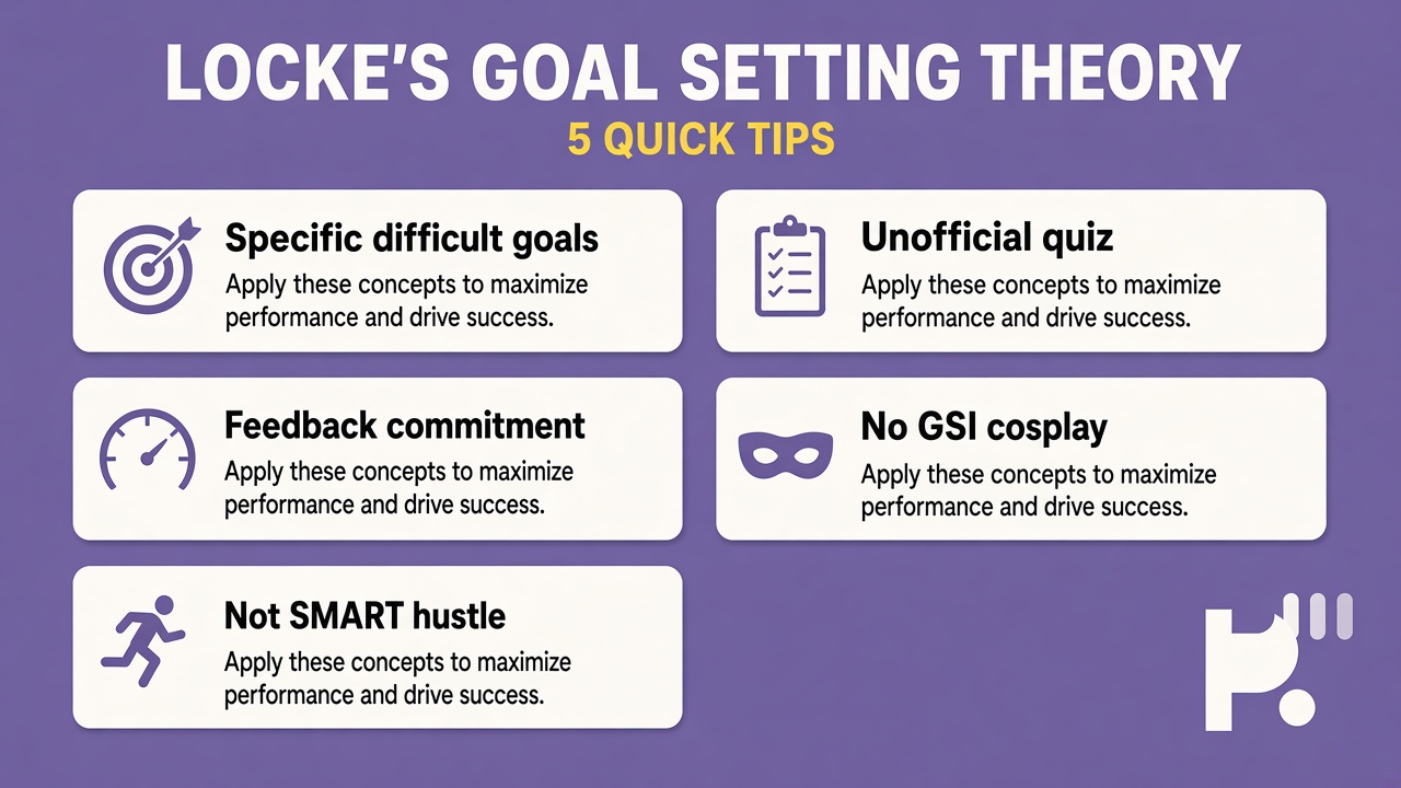 Locke tips: specific difficult goals; feedback commitment; not SMART hustle; unofficial quiz; no GSI cosplay