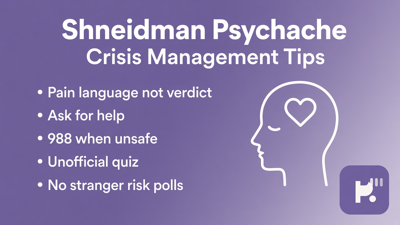 Psychache tips: pain language not verdict; ask for help; 988 when unsafe; unofficial quiz; no stranger risk polls