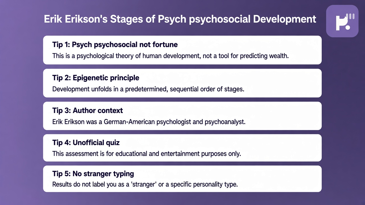 Erikson tips: psychosocial not fortune; epigenetic principle; author context; unofficial quiz; no stranger typing