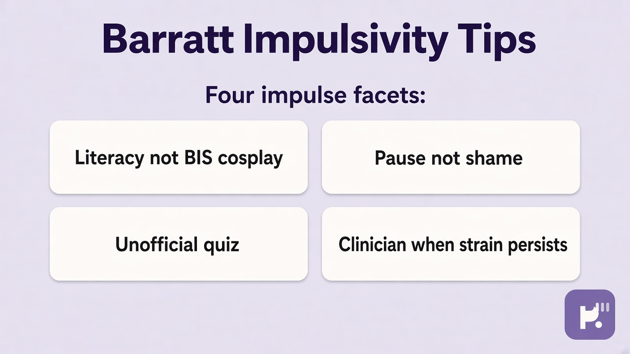 Barratt tips: four impulse facets; literacy not BIS cosplay; pause not shame; unofficial quiz; clinician when strain persists
