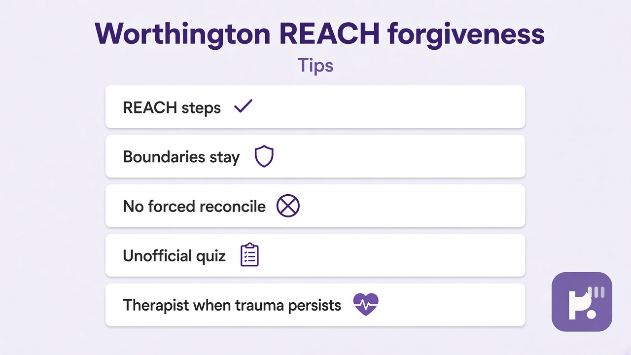 Worthington tips: REACH steps; boundaries stay; no forced reconcile; unofficial quiz; therapist when trauma persists