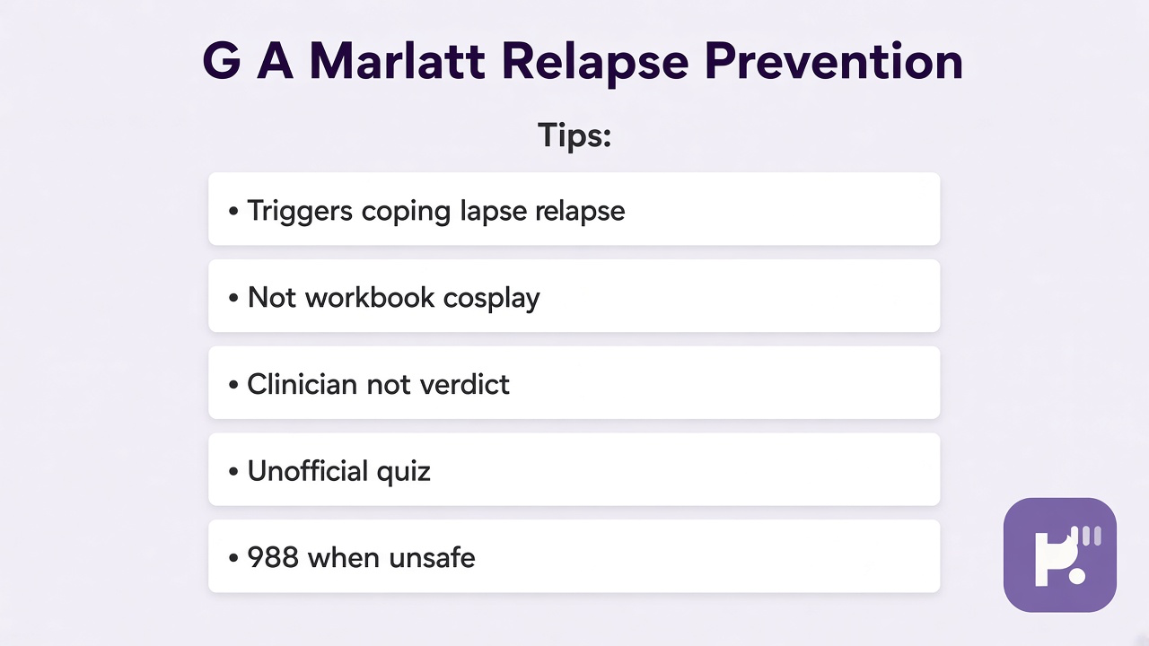 RP tips: triggers coping lapse relapse; not workbook cosplay; clinician not verdict; unofficial quiz; 988 when unsafe