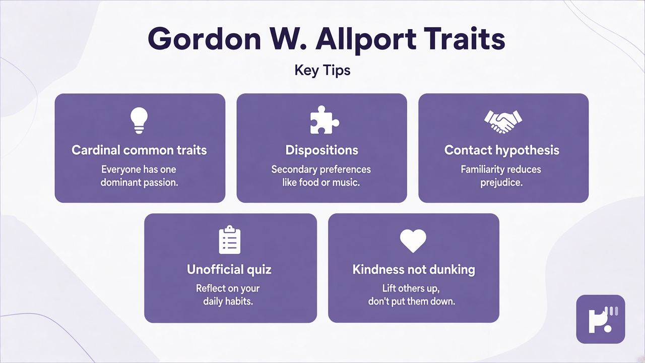 Allport trait tips: cardinal common traits; dispositions; contact hypothesis; unofficial quiz; kindness not dunking