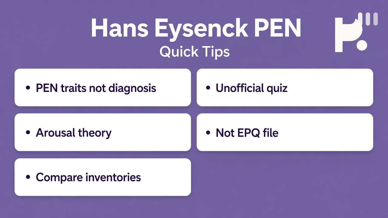 Eysenck tips: PEN traits not diagnosis; arousal theory; compare inventories; unofficial quiz; not EPQ file