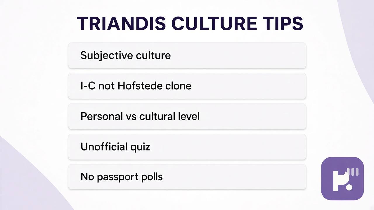 Triandis tips: subjective culture; I-C not Hofstede clone; personal vs cultural level; unofficial quiz; no passport polls