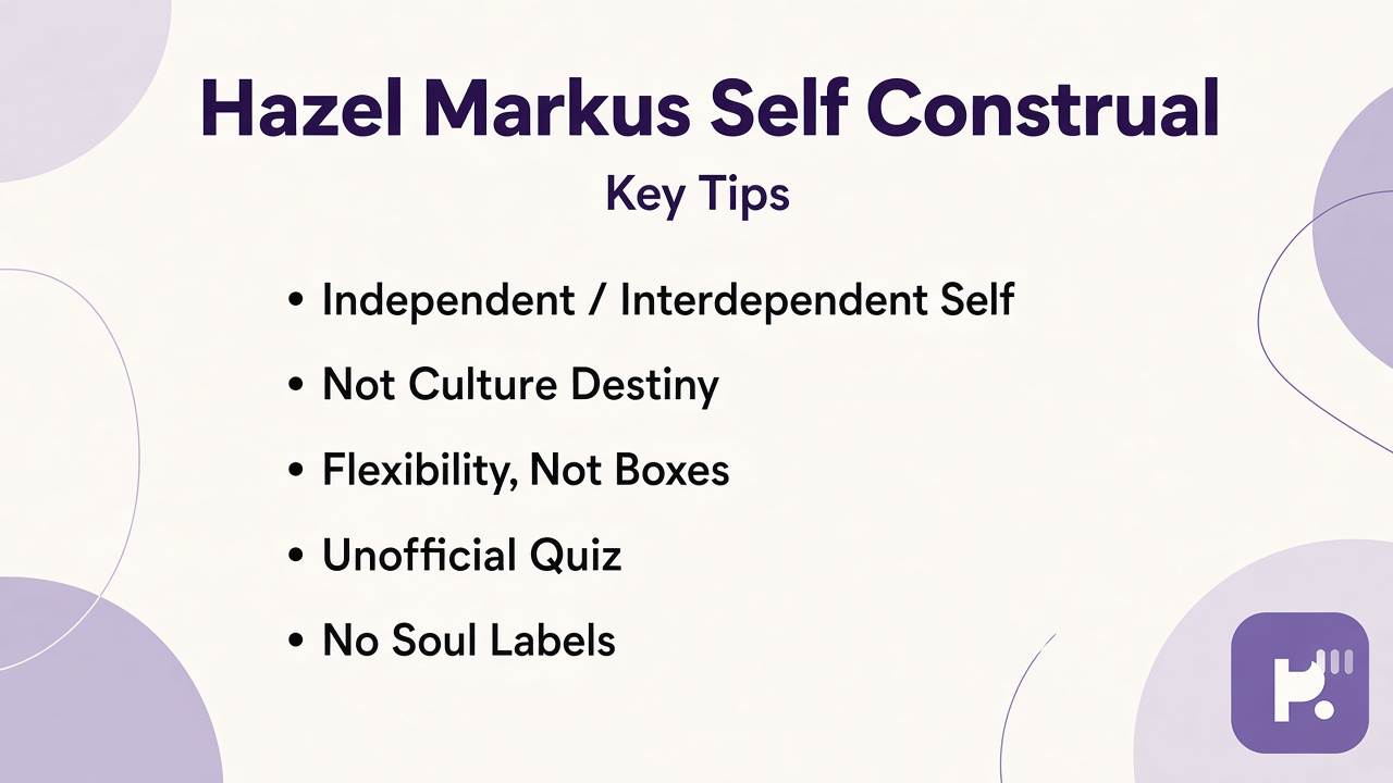 Markus tips: independent interdependent self; not culture destiny; flexibility not boxes; unofficial quiz; no soul labels