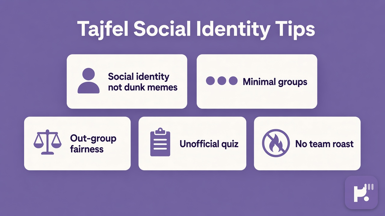 Tajfel tips: social identity not dunk memes; minimal groups; out-group fairness; unofficial quiz; no team roast