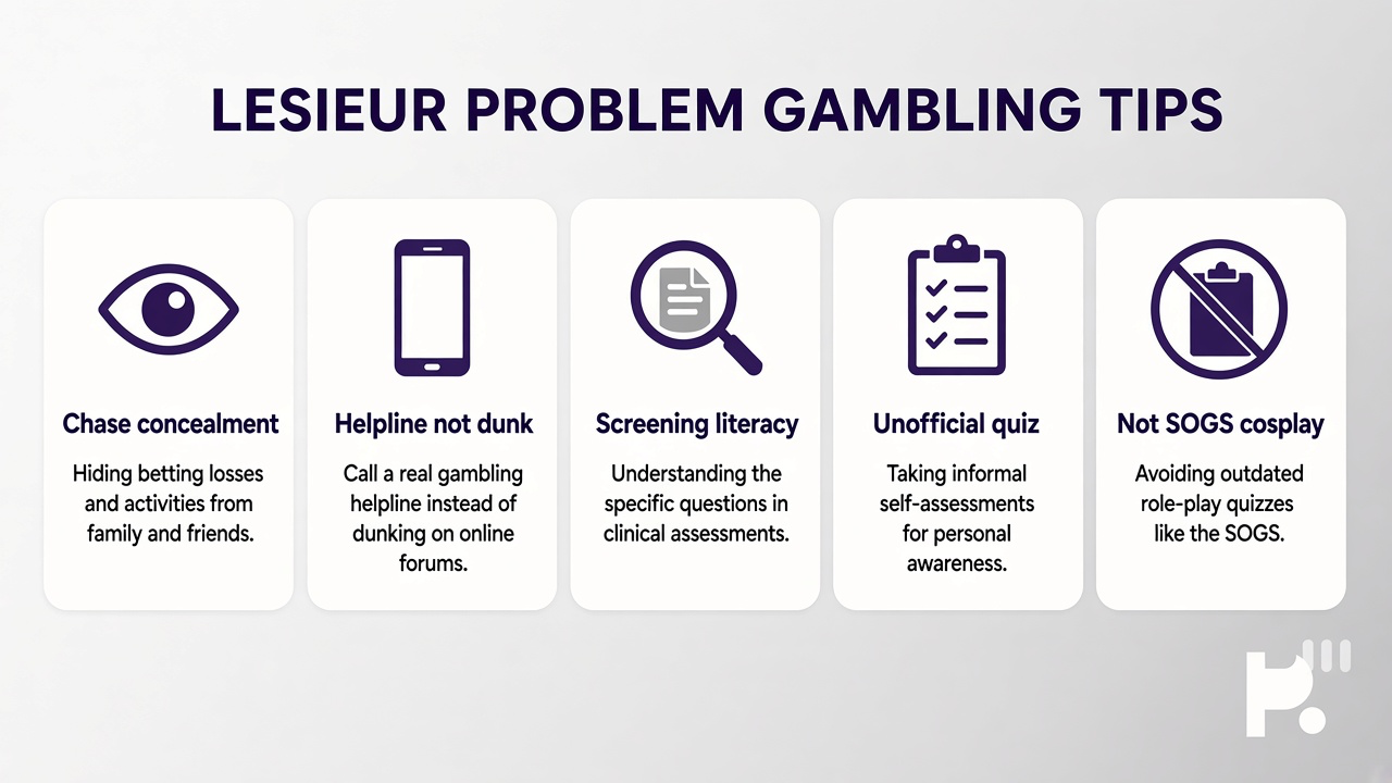 Problem gambling tips: chase concealment; helpline not dunk; screening literacy; unofficial quiz; not SOGS cosplay