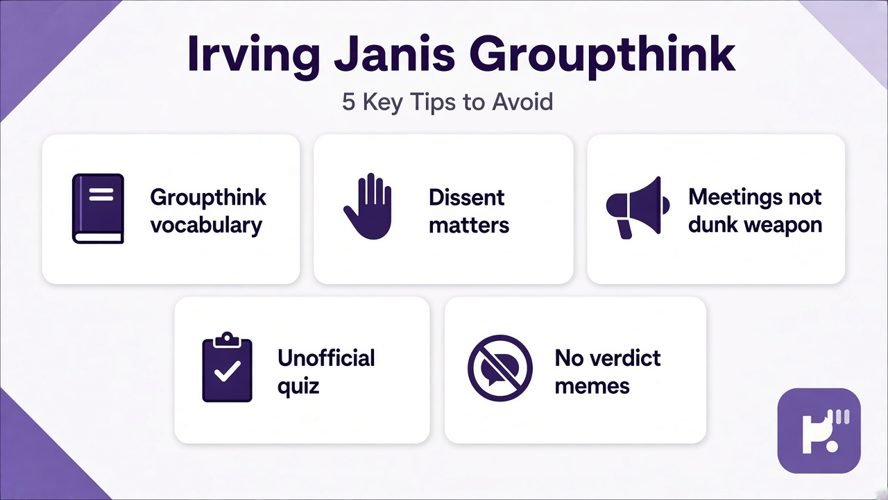 Janis tips: groupthink vocabulary; dissent matters; meetings not dunk weapon; unofficial quiz; no verdict memes