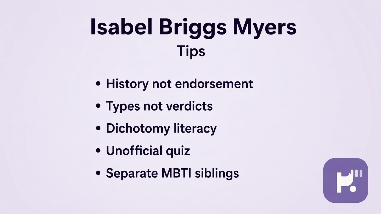 Myers tips: history not endorsement; types not verdicts; dichotomy literacy; unofficial quiz; separate MBTI siblings