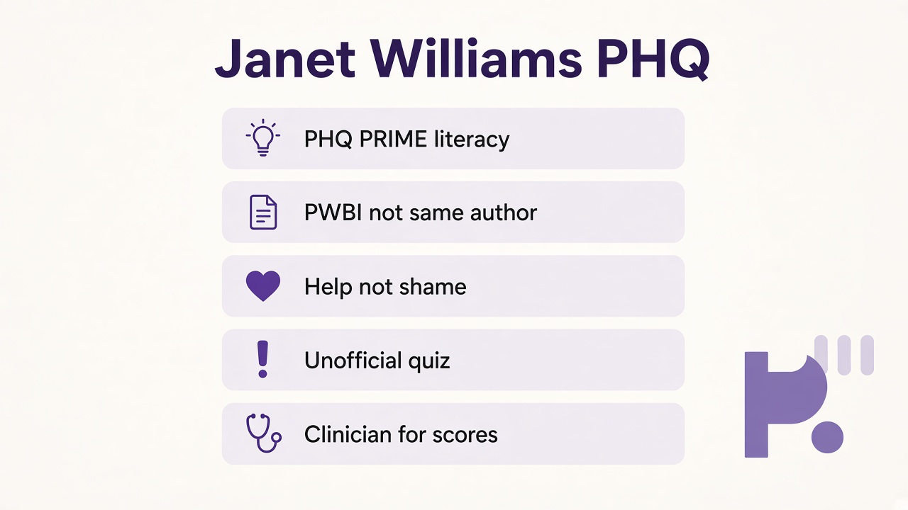 Williams tips: PHQ PRIME literacy; PWBI not same author; help not shame; unofficial quiz; clinician for scores