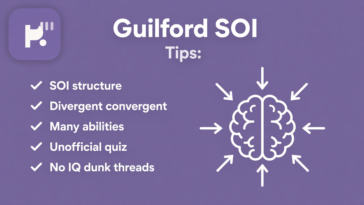 Guilford tips: SOI structure; divergent and convergent; many abilities; unofficial quiz; no IQ dunk threads