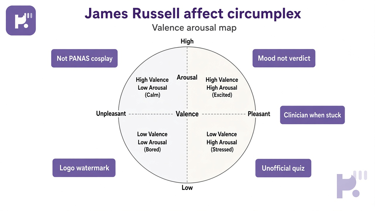 Russell tips: valence arousal map; not PANAS cosplay; mood not verdict; unofficial quiz; clinician when stuck