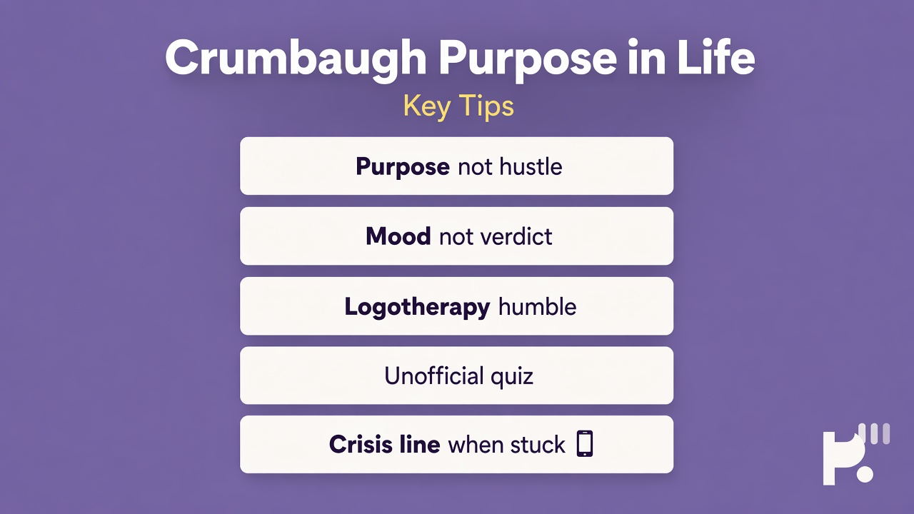 PIL tips: purpose not hustle; mood not verdict; logotherapy humble; unofficial quiz; crisis line when stuck
