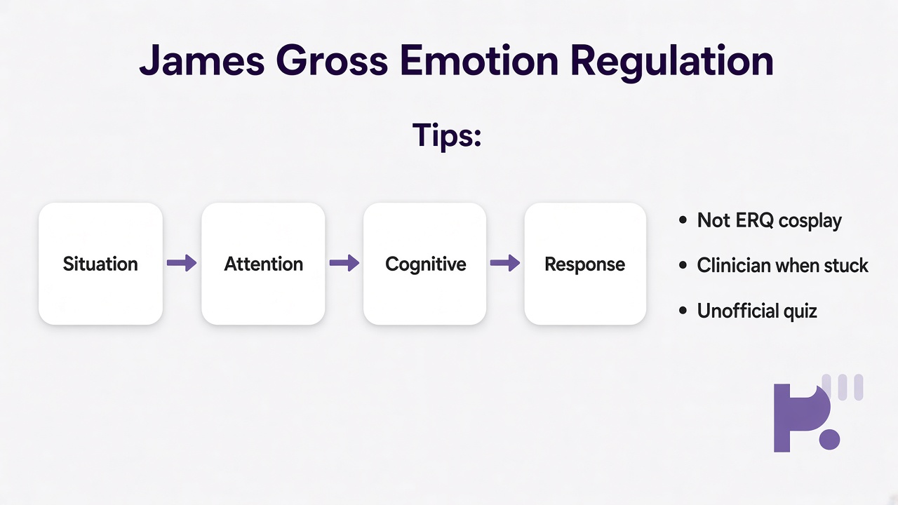 Process model tips: situation attention cognitive response; not ERQ cosplay; clinician when stuck; unofficial quiz