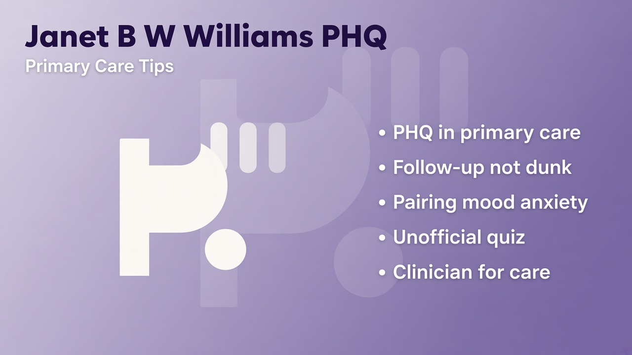 Janet B W Williams tips: PHQ in primary care; follow-up not dunk; pairing mood anxiety; unofficial quiz; clinician for care