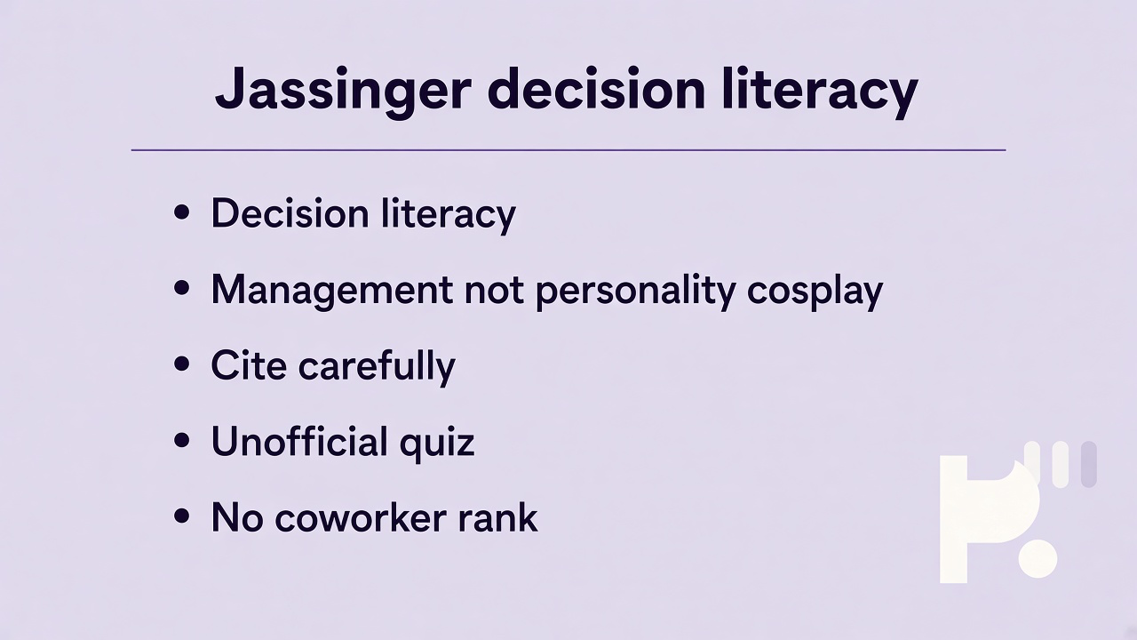 Jassinger tips: decision literacy; management not personality cosplay; cite carefully; unofficial quiz; no coworker rank